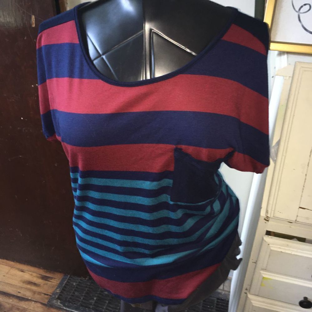 Papermoon for Stitchfix red blue and black striped M/L short sleeve blouse